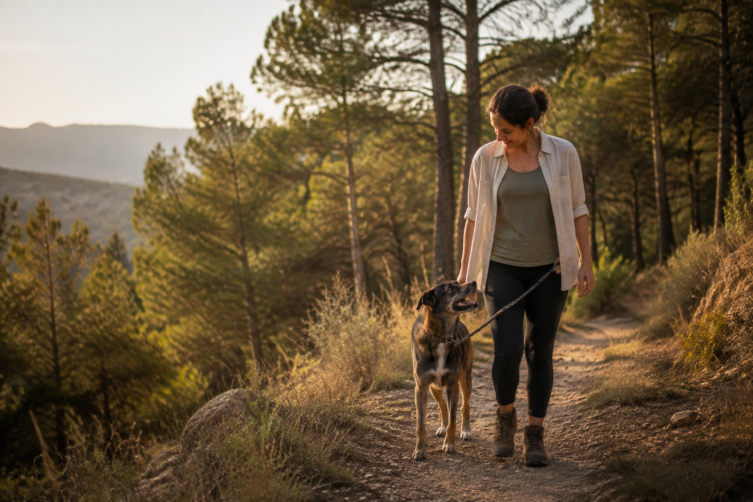 Una mujer paseando con su perro por un bosque mediterráneo