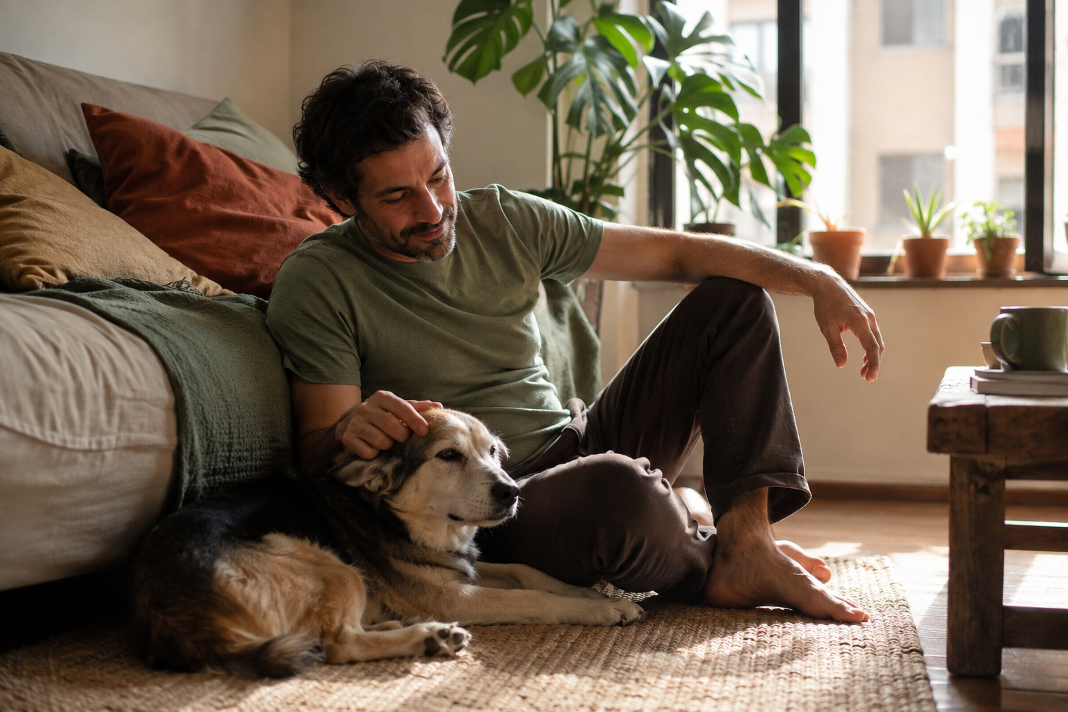 Un hombre compartiendo un momento tranquilo en casa con su perro mayor